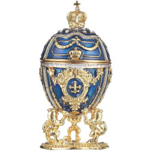 Fabergé-Stil Ei Schmuckkästchen mit Löwen & Kaiserkrone 7,5 cm blau