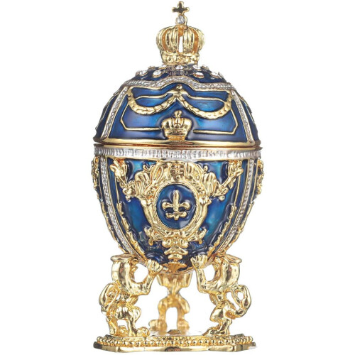 Fabergé-Stil Ei Schmuckkästchen mit Löwen & Kaiserkrone 7,5 cm blau