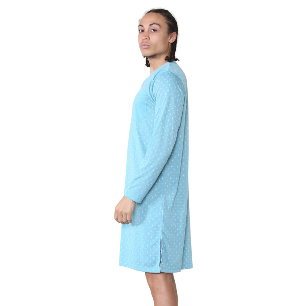 (Green, L) Malay Mens Nightshirts Printed Cotton Blend Long Sleeve Pocket Nightwear Lounge wear