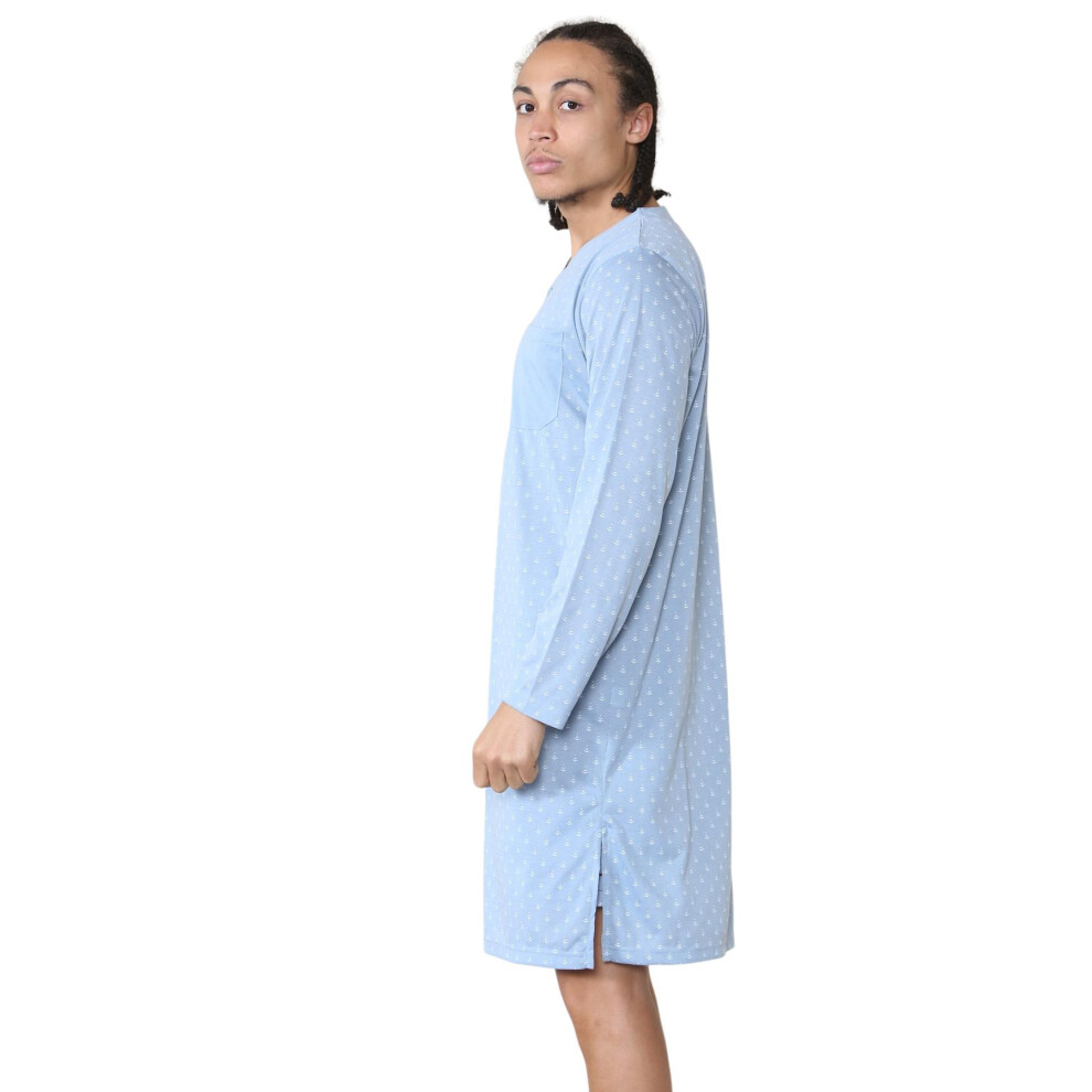 (Grey, XL) Malay Mens Nightshirts Printed Cotton Blend Long Sleeve Pocket Nightwear Lounge wear