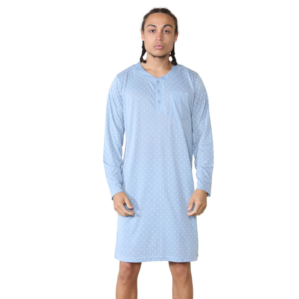 (Grey, XXL) Malay Mens Nightshirts Printed Cotton Blend Long Sleeve Pocket Nightwear Lounge wear