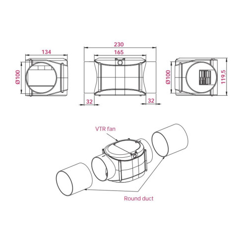 Inline Extractor Fan VTR 100mm with Turbine / Perpendicular 2