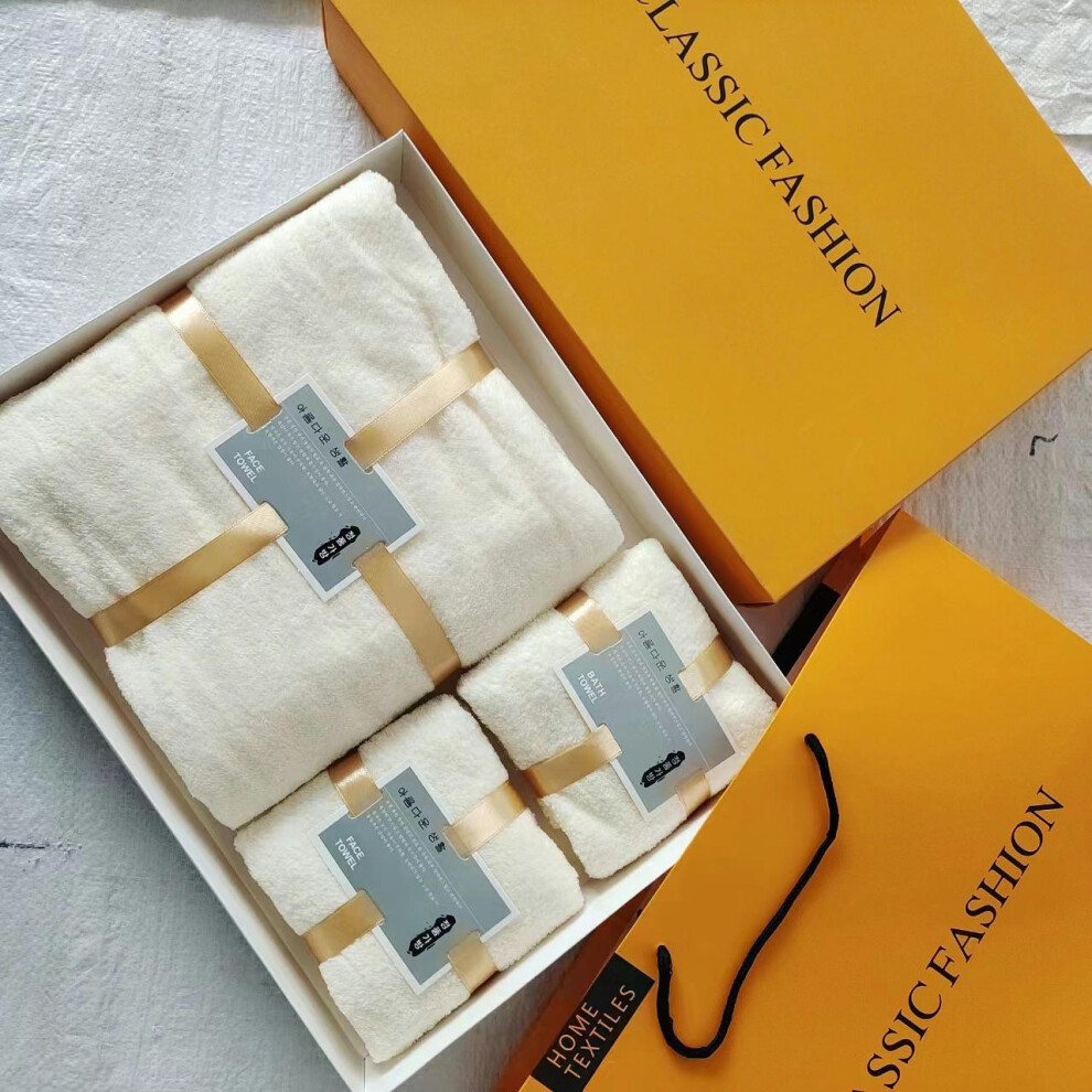 (Off white, 2 towels and 1 bath towel gift box) High Density Coral Velvet Towel, Bath Towel Gift Box, Bath Towel Three Piece Set, Company Welfare Gift-image-OPC-PDXHQZZ-NEW