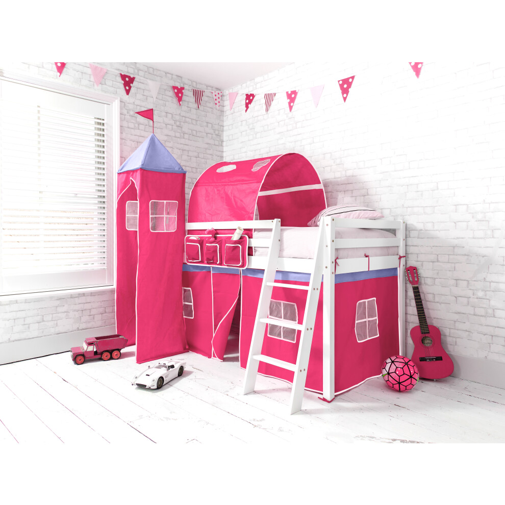 Noa And Nani Moro Cabin Bed Midsleeper With Cotton Pink Tent, Tower & Tunnel In Classic White