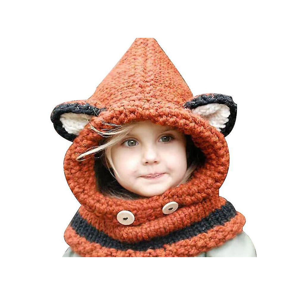 (orange) Winter Warm Earmuffs Hat Scarf Creative Fox Wool Knitted Shawl Hooded Scarf Gifts For Boys And Girls Aged 3-12