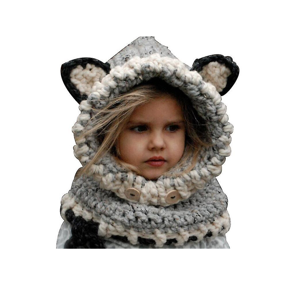 (grey) Winter Warm Earmuffs Hat Scarf Creative Fox Wool Knitted Shawl Hooded Scarf Gifts For Boys And Girls Aged 3-12