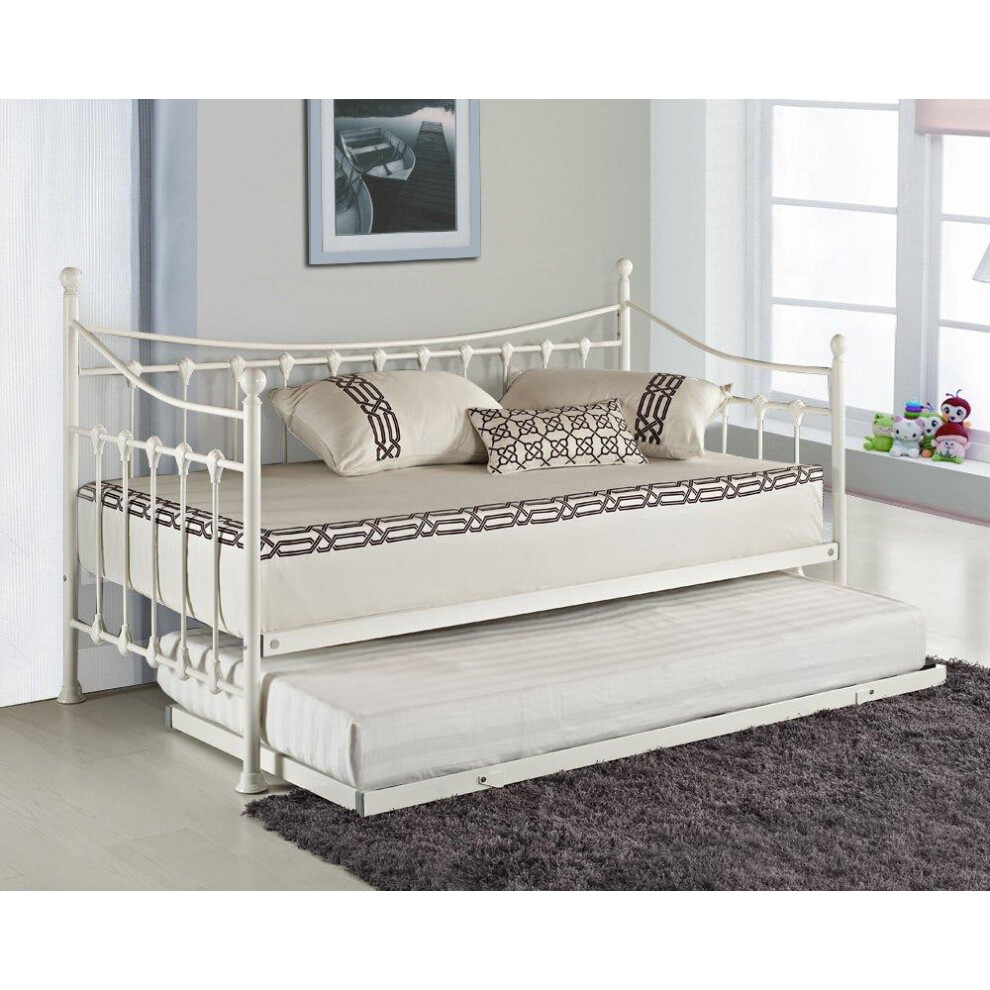 Daybed With Trundle white 3ft single twin bed and 2 mattresses pull out metal guest room bedroom living room