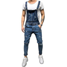 (Dark Blue, M) Men Suspender Ripped Jeans Pants Denim Dungarees Overalls Bib And Brace Work Wear Trousers