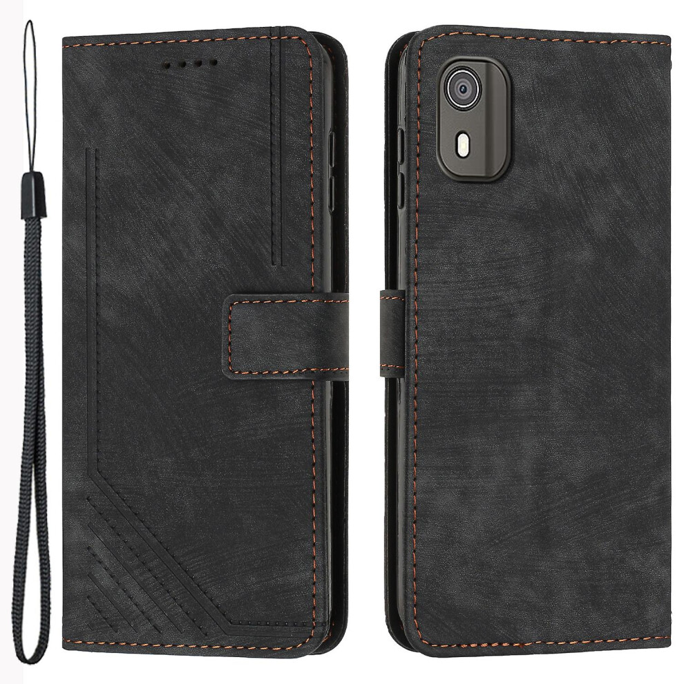 (Black) Pu Leather Flip Case For Nokia C02 (Ta-1522) Skin-Touch Stand Imprinted Lines Wallet Phone Cover Black 6262875558565