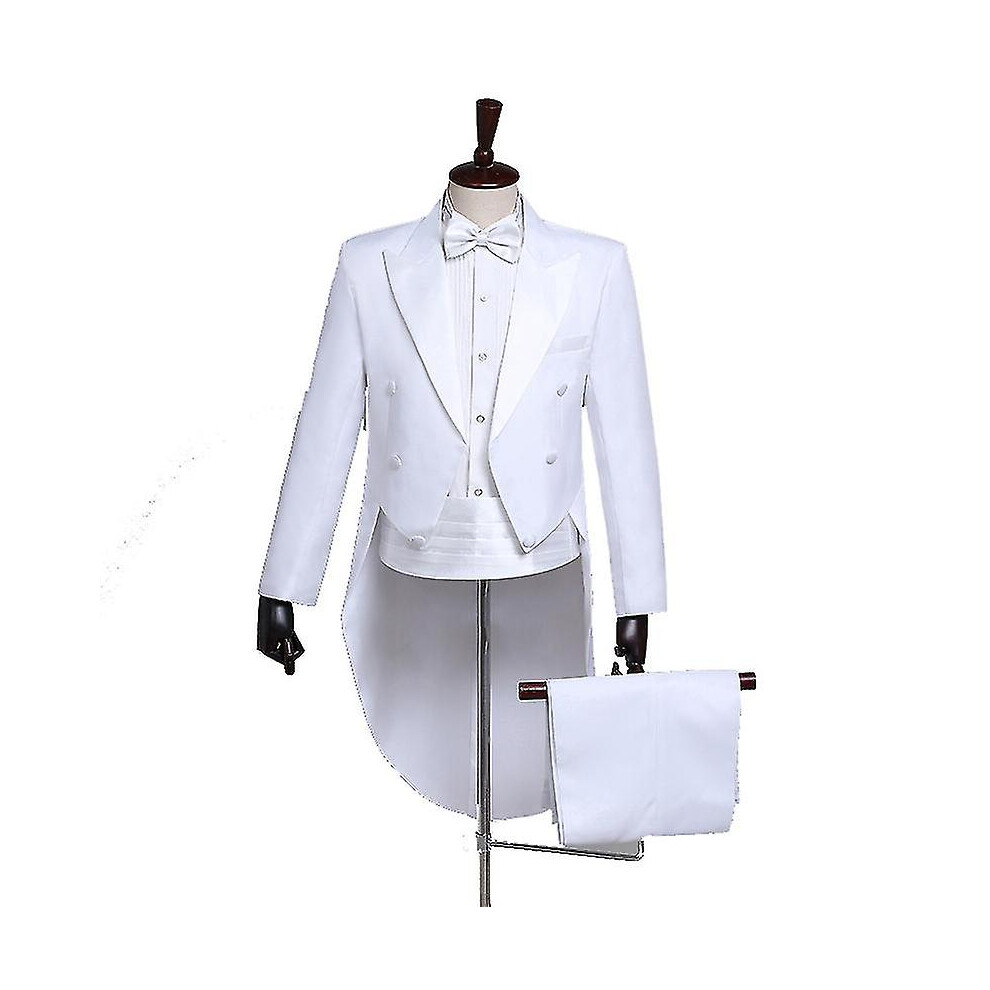 (WHITE, 2XL) Men Tailcoat Tuxedo Suit Trousers Set, Men's Tuxedo Trousers Suit With Bow Tie