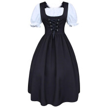 (5XL) S-5xl Women's Midi Dirndl Dress 2-pieces With Apron And Blouse Black White