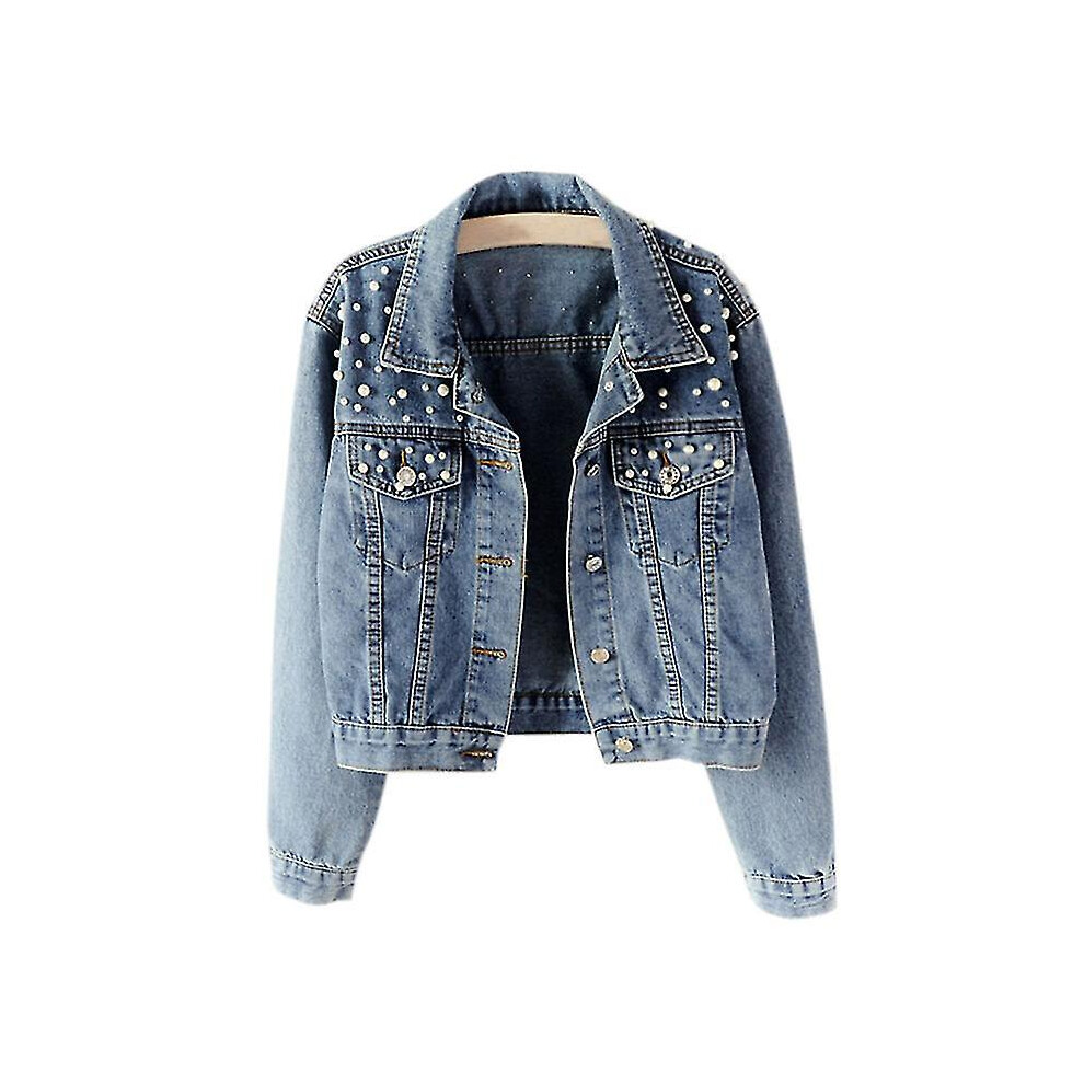 (XL) Plus Size Women Pearl Denim Jacket Loose Fit Casual Jean Coat Outwear