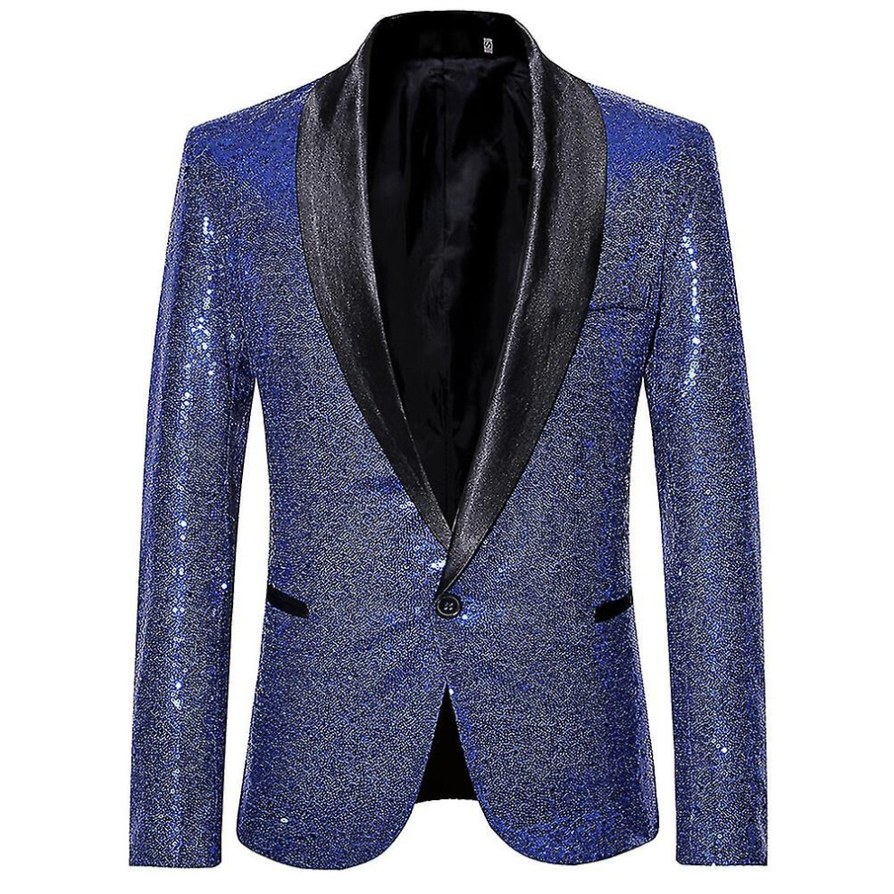 (Blue, XL) Men's Fashion Sequin Casual Blazer Wediing Celebration Suit Jacket