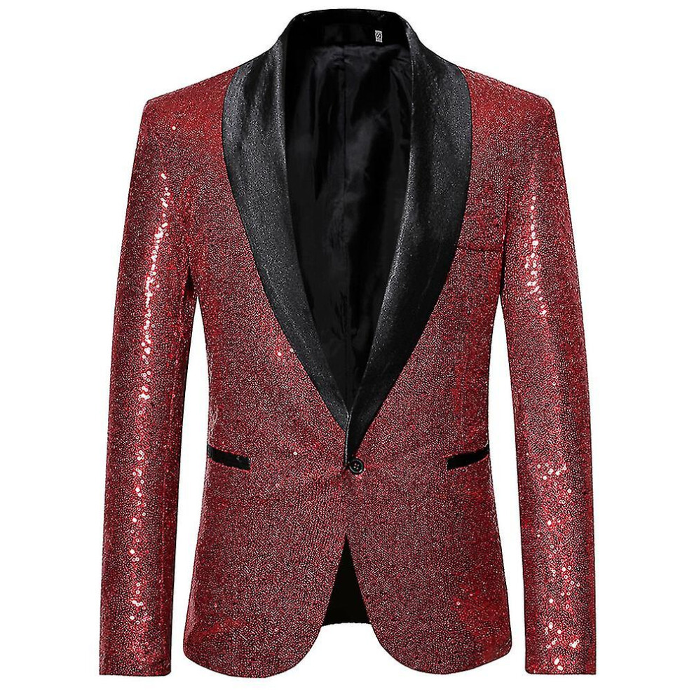 (Wine Red, L) Men's Fashion Sequin Casual Blazer Wediing Celebration Suit Jacket
