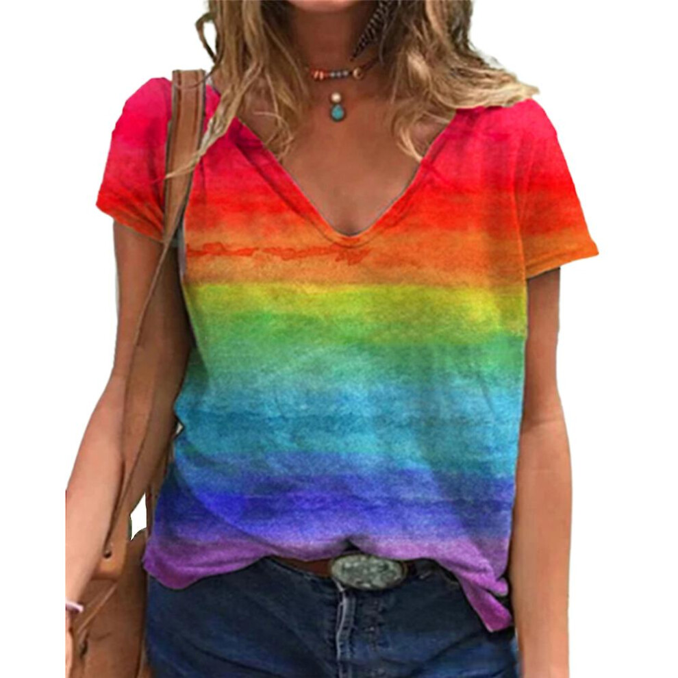 (Red, 2XL) Women Rainbow Printed V-neck T-shirts Lgbt Pride Month Casual Tee Tops Summer