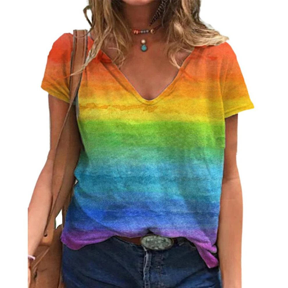 (Orange, 3XL) Women Rainbow Printed V-neck T-shirts Lgbt Pride Month Casual Tee Tops Summer