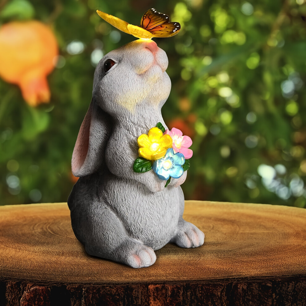 (Resin) Outdoor Rabbit Statue Decoration with Solar-Powered Butterfly Light, Resin Art Deco Rabbit Figurine