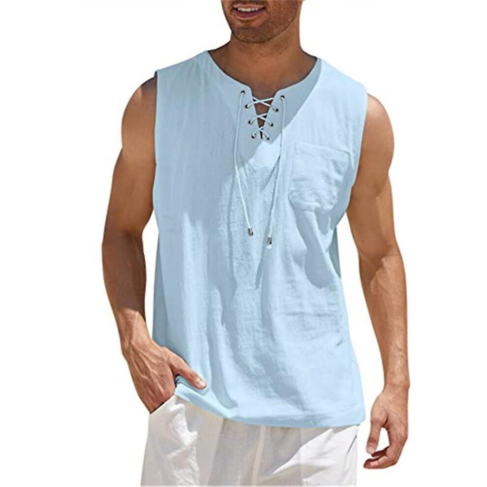(Light Blue, 2XL) Men's Medieval Renaissance Viking Pirate Cotton Linen Look Tank Top Shirts Casual Sleeveless Lace Up Beach Hippie Tops