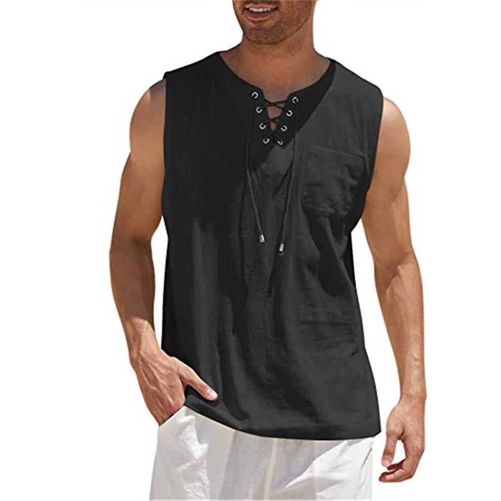 (Black, L) Men's Medieval Renaissance Viking Pirate Cotton Linen Look Tank Top Shirts Casual Sleeveless Lace Up Beach Hippie Tops
