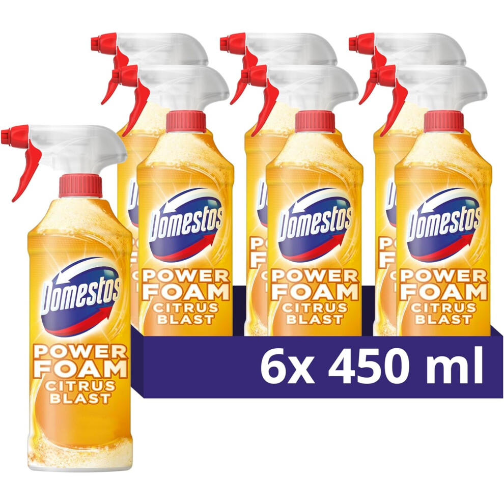 Domestos Power Foam Citrus Blast Upside Down Spray bleach-free toilet & bathroom cleaner eliminates 99.99%* of germs 6x 450 ml