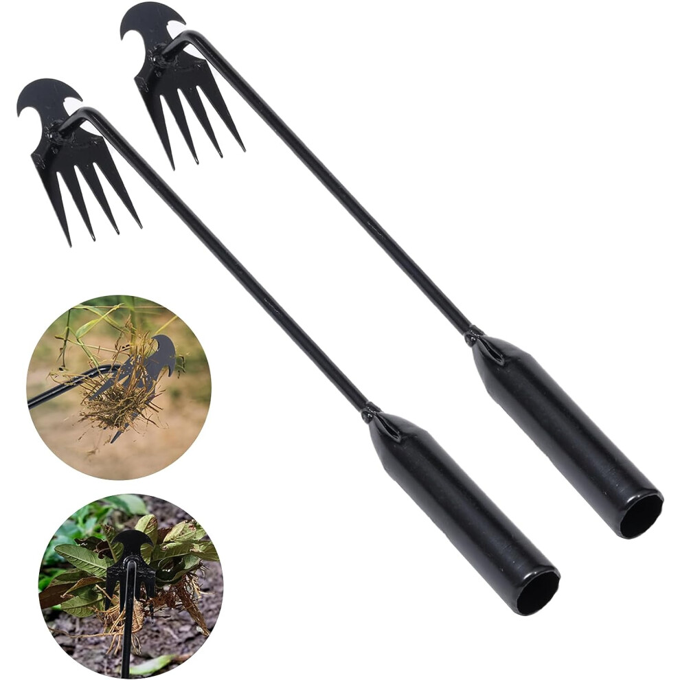 Garden Weed Pulling Tool Portable Garden Weeder Tool Uprooting Weeding Tool 4 Teeth Manganese Steel Forged Hand Weeder Black Handle 2 Pcs