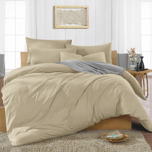 (BEIGE, SINGLE) Reversible Plain Dyed Duvet Cover Set & Pillowcase 2