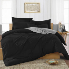 (BLACK, SUPER KING) Reversible Plain Dyed Duvet Cover Set & Pillowcase