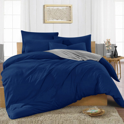 (BLUE, KING) Reversible Plain Dyed Duvet Cover Set & Pillowcase