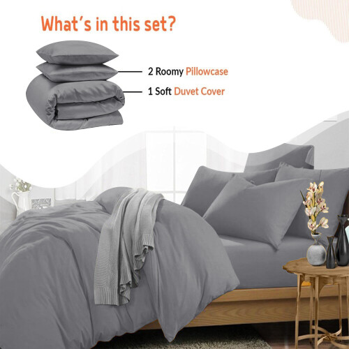 (GREY, DOUBLE) Reversible Plain Dyed Duvet Cover Set & Pillowcase 2