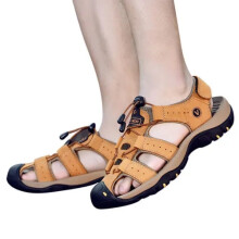 (Yellow, Tag Size 41=UK Size 7) Men Summer Sandals Outdoor Walking Hiking Close Toe Beach Leather Shoes Size New