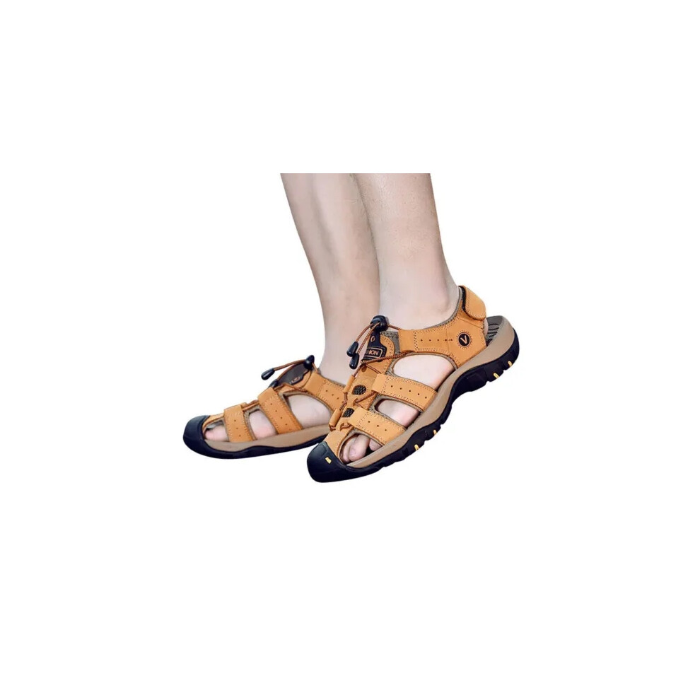 (Yellow, Tag Size 41=UK Size 7) Men Summer Sandals Outdoor Walking Hiking Close Toe Beach Leather Shoes Size New