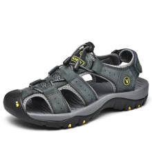 (Grey, 48) Men Summer Sandals Outdoor Walking Hiking Close Toe Beach Leather Shoes Size New