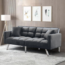Grey Velvet 2-Seater Sofa Bed with Metal Legs - Click-Clack Convertible Settee with 2 Pillows (Grey Paris Sofa Bed)