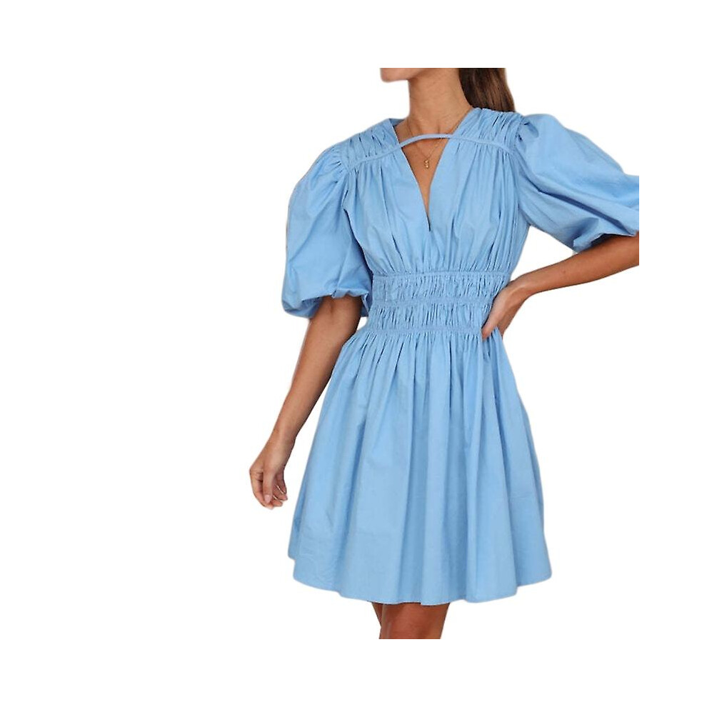 (Blue, L) Summer V Neck Mini Dress For Women's