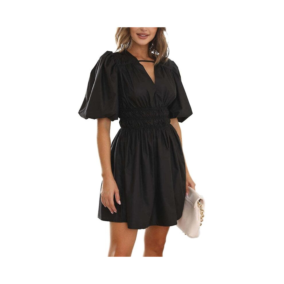 (Black, XL) Summer V Neck Mini Dress For Women's