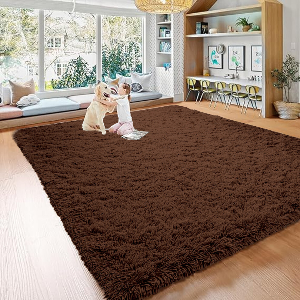 Non Slip Rugs Area Rug Brown Fluffy Shaggy Living Room Floor Carpets