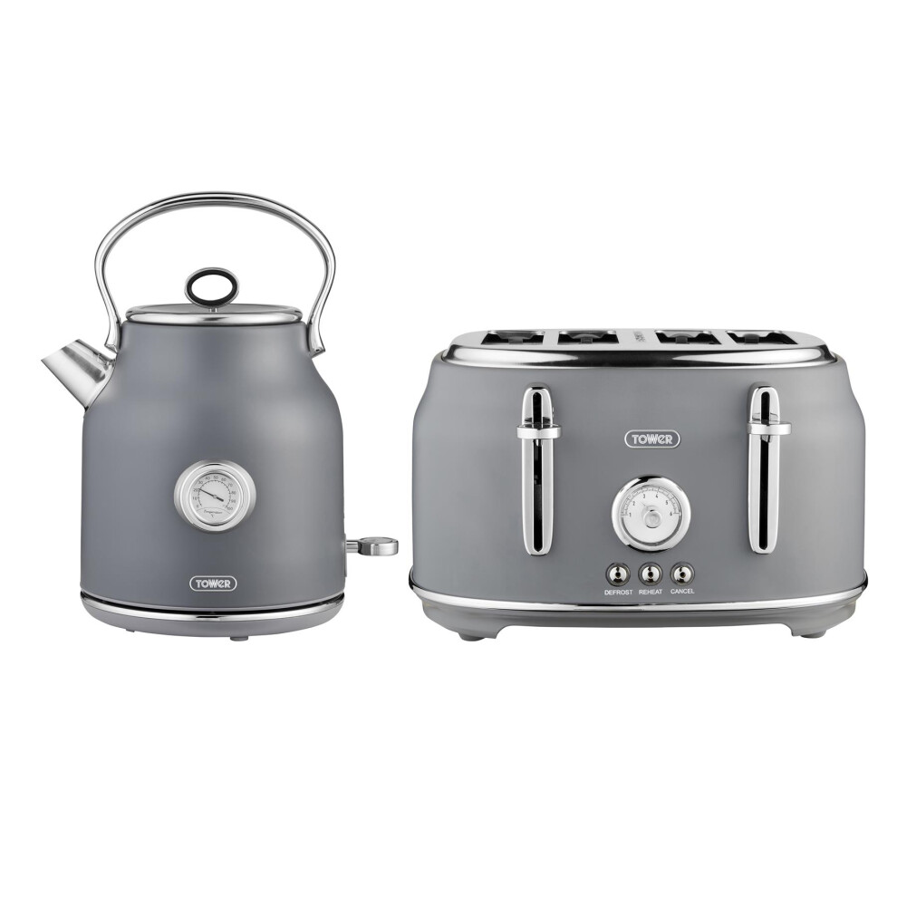 Tower Renaissance Kitchen Set, 1.7L Quite Boil Kettle & 4 Slice Toaster, Grey, T10063GRY, T20065GRY