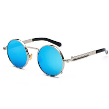 (Silver Frame Blue Mirror Lens) John Lennon Vintage Round Hippie Sunglasses Retro Metal Frame Driving Glasses