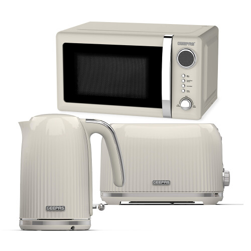 GEEPAS (Cream) Geepas Kettle, 2Slice Bread Toaster & MicrowaveSet
