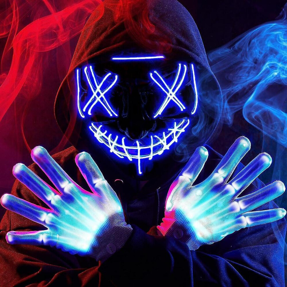 (Blue) Halloween Led Mask Light Up Scary Mask And Gloves For Halloween Cosplay Costume And Party Supplies