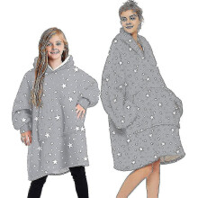 (Stars - Grey, One Size) Blanket Hoodie Fluffy Fleece Hoodie Blanket For Women
