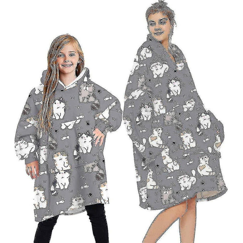 (Cats - Grey, One Size) Blanket Hoodie Fluffy Fleece Hoodie Blanket For Women