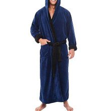 (Dark Blue Black, 4XL) Mens Winter Warm Hooded Coat Bathrobe Towelling Long Dressing Gown