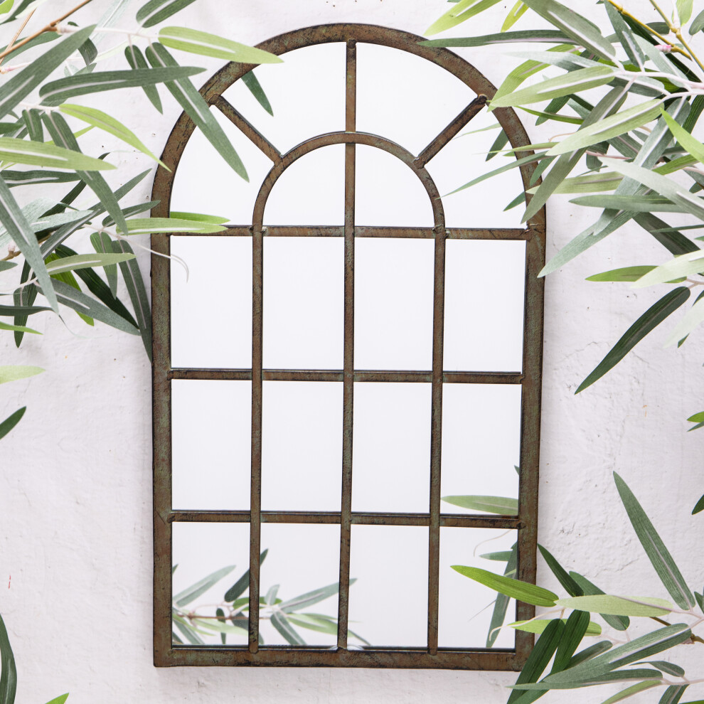 Antique Green  Metal Arched Vintage Window Garden Wall Mirror 42cms