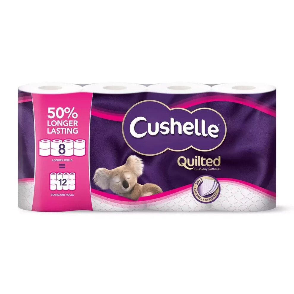 Cushelle Quilted Double Size 50% Longer Soft Absorbent Rolls - 8 Rolls