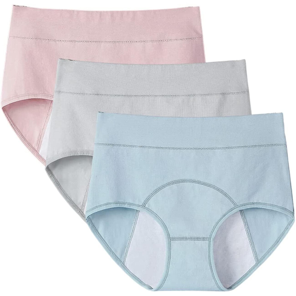 (Blue x Gray x Pink, XL) 3pcs Womens Period Leakproof Pants Menstrual Panties Cotton Menstrual Underwear