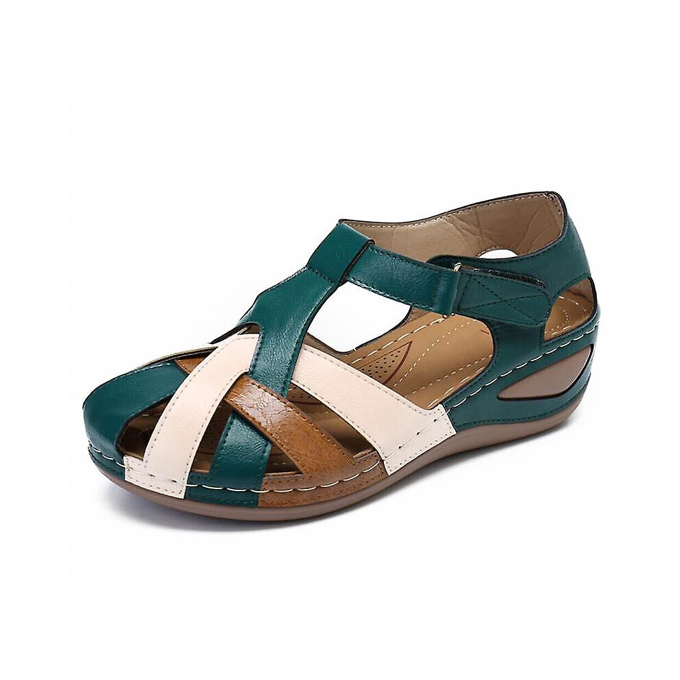 (Brown, 37) Lollita Orthopedic Plus Sandals Pu Leather Retro Arch Support Comfy Round Toe Sandals For Women