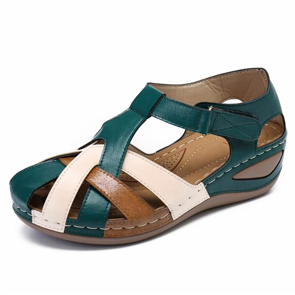 (Green, 41) Lollita Orthopedic Plus Sandals Pu Leather Retro Arch Support Comfy Round Toe Sandals For Women