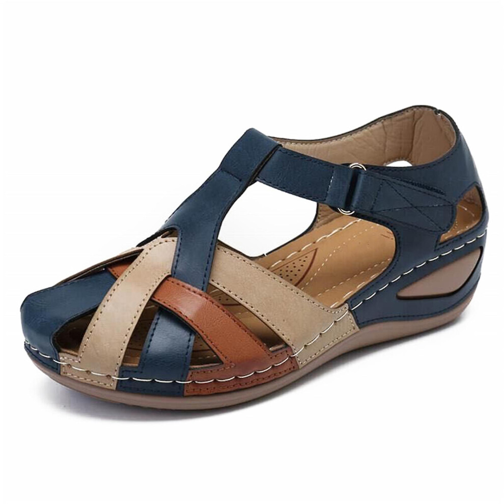 (Blue, 38) Lollita Orthopedic Plus Sandals Pu Leather Retro Arch Support Comfy Round Toe Sandals For Women