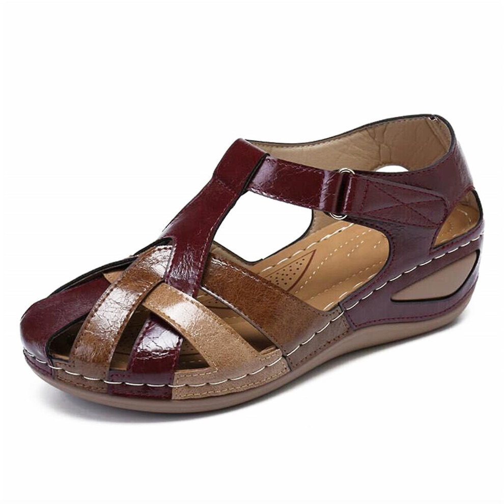 (Reddish Brown, 40) Lollita Orthopedic Plus Sandals Pu Leather Retro Arch Support Comfy Round Toe Sandals For Women